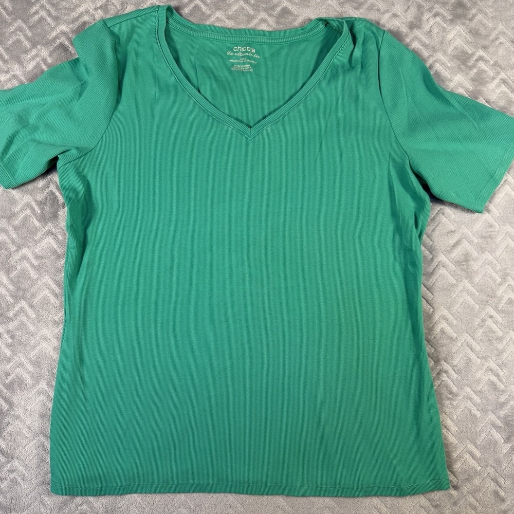 Chico's Ultimate Tee T-Shirt Size Large (2)‎ Green Short Sleeve Ribbed Top NWOT